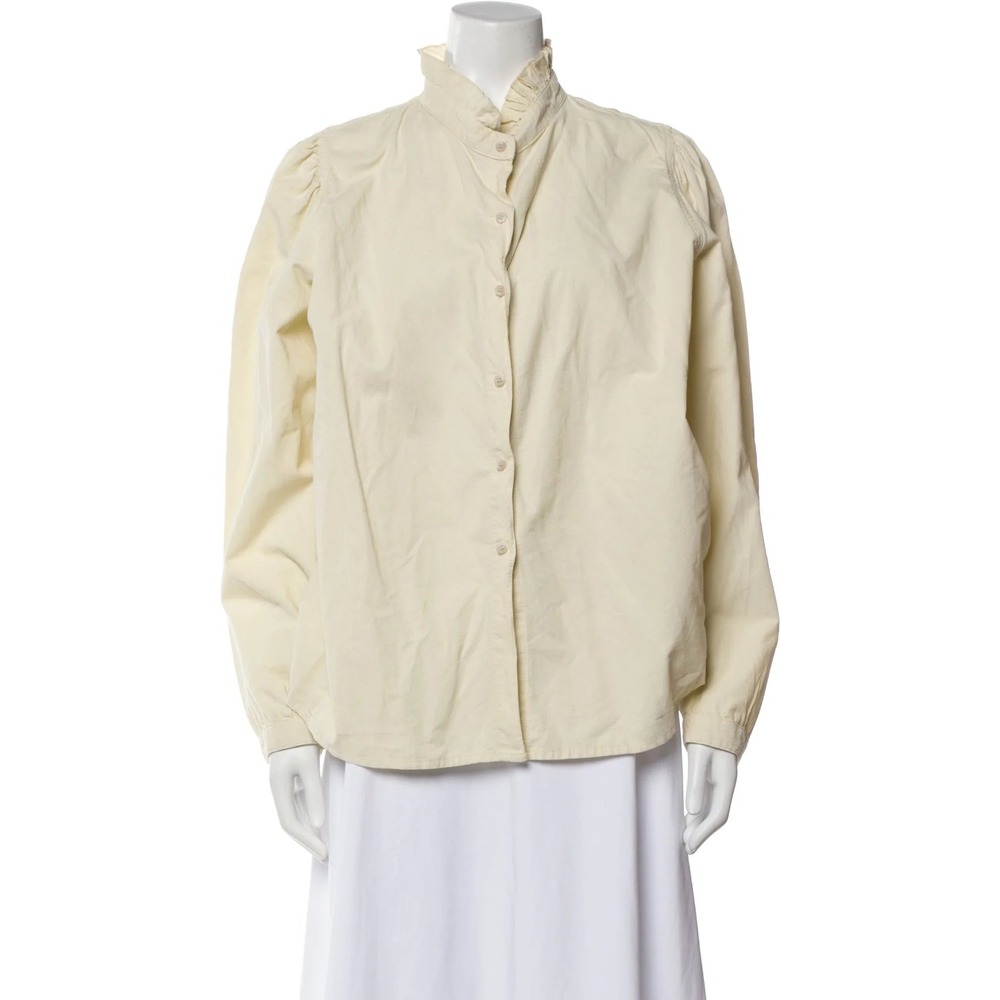 A Shirt Thing Cream Corduroy Ruffle Collar Blouse Long Sleeve Button Down Large